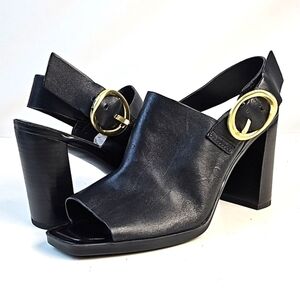 Franco Sarto Walter Black Leather Peep Toe Slingback Buckle Block Heel Sandal